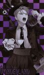  1boy 88jakga absurdres alice's_adventures_in_wonderland alien_stage alternate_costume artist_name bug centipede checkered_background checkered_necktie collared_shirt commentary cup ear_piercing english_commentary english_text eyeball_hat_ornament greyscale_with_colored_background guitar hat highres holding holding_cup holding_teapot instrument jacket male_focus necktie open_mouth piercing pin purple_background shirt short_hair solo suit_jacket tape_measure teacup teapot till_(alien_stage) top_hat 