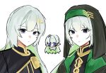 1girl :3 arknights blue_eyes chibi commentary_request doseulg hood korean_commentary limbus_company long_hair mayors_(project_moon) pointy_ears project_moon robe white_background white_hair 