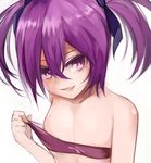  aisha_(elsword) bandeau colored_eyelashes cucurbita elsword grin hair_ribbon naughty_face purple_eyes purple_hair revision ribbon short_hair smile solo twintails undressing upper_body void_princess_(elsword) white_background 