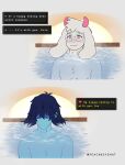 2026 absurd_res ambiguous_gender anthro blue_body blue_hair blue_skin blush bovid caprine comic darkner deltarune dialogue duo embarrassed english_text eyewear eyewear_only femboy front_view fur glasses glasses_only goat green_eyewear green_glasses hair hi_res horn hot_spring human kris_dreemurr long_ears male male/ambiguous male_anthro mammal nonbinary_(lore) nude obscured_eyes onsen peachboysmut pink_eyes ralsei simple_background sunset text text_box undertale_(series) water wearing_glasses white_body white_fur