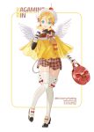  1girl absurdres angel_wings bag black_shirt black_shoes blonde_hair blue_eyes brown_capelet brown_skirt capelet character_name cherry commentary_request earrings feathered_wings food fruit full_body grey_background handbag hat head_wings highres holding holding_bag jewelry kagamine_rin long_sleeves looking_at_viewer open_mouth plaid_capelet plaid_clothes plaid_skirt riri_(artist) shirt shoes skirt smile solo thighhighs vocaloid white_hat white_thighhighs white_wings wings yellow_capelet 