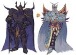  2boys armor bioodshower black_armor black_cape blue_armor blue_cape blue_helmet broad_shoulders cape commentary cuirass curled_fingers emoji english_commentary exdeath fake_horns final_fantasy final_fantasy_iv final_fantasy_v full_armor full_body gauntlets golbez greaves hand_on_hilt hand_on_own_hip helm helmet highres holding holding_sword holding_weapon horned_helmet horns male_focus multiple_boys muscular muscular_male pauldrons purple_nails shoulder_armor shoulder_spikes side-by-side simple_background spiked_pauldrons spikes standing sword thinking_emoji vambraces weapon white_background 