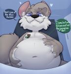 2023 american_mythology anthro belly big_belly blue_background blue_sclera brown_hair chupacabra denatured_albumin_(character) denaturedalbumin domestic_cat duo english_text felid feline felis fur grey_body grey_fur hair hi_res male mammal micro mythology overweight simple_background speech_bubble text