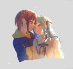  2girls absurdres bang_dream! bang_dream!_it's_mygo!!!!! black_ribbon blue_hair blue_hoodie callmeberrypls closed_mouth commentary couple eye_contact grey_background grey_hair hair_ribbon highres hood hood_down hoodie long_hair looking_at_another multiple_girls neck_ribbon red_eyes ribbon shirt short_hair sidelocks simple_background takamatsu_tomori togawa_sakiko untranslatable_commentary white_shirt yuri 