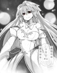  1girl 2323astronomy archetype_earth arcueid_brunestud bare_shoulders bow breasts cleavage commentary_request cowboy_shot detached_sleeves dress dress_bow fate/grand_order fate_(series) greyscale hair_between_eyes high_collar large_breasts long_dress long_hair looking_at_viewer monochrome red_eyes ribbon sidelocks single_hair_intake smile solo standing tsukihime tsukihime_(remake) two-tone_dress 