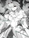  1girl 2323astronomy archetype_earth arcueid_brunestud bare_shoulders bow breasts cleavage commentary_request cowboy_shot detached_sleeves dress dress_bow fate/grand_order fate_(series) greyscale hair_between_eyes high_collar highres large_breasts long_dress long_hair looking_at_viewer monochrome red_eyes ribbon sidelocks single_hair_intake smile solo standing tsukihime tsukihime_(remake) two-tone_dress 