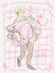  2boys angry blonde_hair blush carrying colored_skin commentary_request deltarune dress floppy_ears flowery_(deltarune) furry furry_male grin harumiya_ut highres horns looking_at_another male_focus multiple_boys open_mouth pink_dress pink_horns princess_carry ralsei round_eyewear smile utdr_(toby_fox) watermark white_fur yellow_skin 