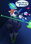 absurd_res avian avian_feet beak berdly big_butt bird butt clothed clothing deltarune duo halberd hi_res kris_dreemurr lugen_kobold male melee_weapon monster polearm soul_(deltarune) speech_bubble text thick_thighs tight_clothing undertale_(series) weapon