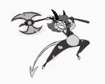 2026 anthro axe belly bottomwear clothing convexpert evil_grin female hair hellaverse helluva_boss hi_res holding_axe holding_object holding_weapon horn imp looking_at_viewer millie_(helluva_boss) navel pants pregnant pregnant_anthro pregnant_female shirt smile smiling_at_viewer solo spade_tail tail teeth topwear torn_bottomwear torn_clothing torn_pants weapon