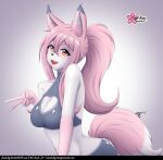 anthro brand_new_animal breasts canid canine cleavage cleavage_cutout clothed clothing clouddg cutout deviantart_username dipstick_ears dipstick_tail ear_markings fangs female fox fur gesture glistening glistening_body glistening_hair glistening_tail gradient_background grey_clothing hair hand_gesture logo looking_at_viewer mammal markings multicolored_ears multicolored_eyes nazuna_hiwatashi newgrounds_username open_mouth open_smile pink_hair ponytail signature simple_background smile solo studio_trigger tail tail_markings teeth text tongue twitter_handle url v_sign white_body white_fur
