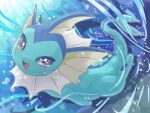  air_bubble black_eyes blush bubble commentary_request looking_at_viewer no_humans open_mouth pokemon pokemon_(creature) runachikku solo swimming twitter_username underwater vaporeon 