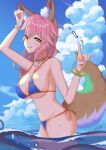  1girl absurdres animal_ear_fluff animal_ears bikini blue_bikini blush bow bowtie breasts closed_mouth commentary_request ego_phony fate/grand_order fate_(series) fox_ears fox_girl fox_shadow_puppet fox_tail hair_between_eyes hat highres jewelry large_breasts long_hair navel necklace official_alternate_costume official_alternate_hairstyle orange_eyes pink_hair side-tie_bikini_bottom smile solo stomach striped_bow striped_bowtie striped_clothes swimsuit tail tamamo_no_mae_(fate) tamamo_no_mae_(swimsuit_lancer)_(fate) tamamo_no_mae_(swimsuit_lancer)_(third_ascension)_(fate) thighs tongue tongue_out 