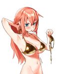  1girl absurdres arm_up artist_name bags_under_eyes bikini blue_eyes blush bottomless breasts commentary english_commentary gold_bikini golden_week highres holding holding_swimsuit holding_unworn_clothes large_breasts long_hair michinoku_komaro navel open_mouth oppai_loli out-of-frame_censoring pink_hair seitokai_ni_mo_ana_wa_aru! simple_background solo swimsuit umekani28 unworn_swimsuit upper_body white_background 