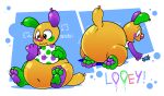 3_toes abstract_background animate_inanimate anthro balloon balloon_animal big_butt blushcrunch_studio bottomless butt cheek_markings clothed clothing clown_nose dandy's_world english_text excited facial_markings feet glistening glistening_butt green_feet green_pawpads head_markings hi_res huge_butt hyper hyper_butt inflatable living_inflatable looey_(dandy's_world) male markings monobutt nervous oblivious onomatopoeia open_mouth pawpads pawplants paws presenting presenting_hindquarters purple_feet purple_pawpads reaching_for_object shirt solo sound_effects tail text thick_thighs toes toon_(dandy's_world) topwear topwear_only wide_hips wiggle_lines yellow_body
