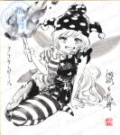 1girl absurdres american_flag american_flag_dress american_flag_print clownpiece commentary dress fairy fairy_wings flag_print grin hat highres holding holding_torch jester_cap long_hair neck_ruff pantyhose polka_dot_headwear shikishi short_sleeves sitting smile solo star_(symbol) star_print striped_clothes striped_dress striped_pantyhose thighs torch touhou traditional_media translation_request twitter_username very_long_hair wings yuzuha_(yuzutime) 