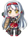  1girl blush bow_(weapon) chibi chibi_only closed_mouth commentary_request full_body grey_shoes grey_thighhighs hairband hakama hakama_short_skirt hakama_skirt holding holding_bow_(weapon) holding_weapon japanese_clothes kantai_collection kimono long_hair muneate red_hairband red_hakama shinjitsu shoes shoukaku_(kancolle) simple_background skirt smile solo standing thighhighs very_long_hair weapon white_background white_hair white_kimono yellow_eyes zettai_ryouiki 