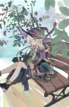  1girl absurdres as_ink_art bell black_cat black_hat boots braid broom cat elaina_(majo_no_tabitabi) hair_between_eyes hat highres holding holding_bell leaf long_hair long_sleeves looking_at_viewer majo_no_tabitabi on_bench parted_lips pink_ribbon purple_eyes ribbon sitting solo white_hair witch witch_hat yellow_ribbon 