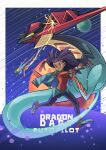  1girl alternate_costume alternate_hair_color alternate_hairstyle aqua_jacket aqua_shoes big_hair black_pants blawn_z blush border claws closed_mouth commentary dark-skinned_female dark_skin dragapult dragon_darts_(pokemon) dreepy english_commentary english_text eyelashes fang firing full_body highres holding holding_poke_ball iris_(pokemon) jacket jacket_on_shoulders long_hair long_sleeves motion_lines multicolored_hair open_mouth pants planet poke_ball pokemon pokemon_(creature) pokemon_black_and_white pokemon_move purple_hair red_eyes red_hair red_shirt red_streaks shirt shoes smile streaked_hair two-tone_hair ultra_ball white_border 