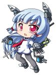  1girl blue_hair blue_sailor_collar blunt_bangs blunt_tresses blush chibi chibi_only commentary_request double_horizontal_stripe dress full_body grey_pantyhose grey_shoes hair_ribbon headgear kantai_collection long_hair long_sleeves murakumo_(kancolle) neckerchief open_mouth pantyhose pink_eyes red_neckerchief red_ribbon ribbon rigging sailor_collar sailor_dress shinjitsu shoes short_dress simple_background solo standing teeth tress_ribbon upper_teeth_only white_background white_dress 