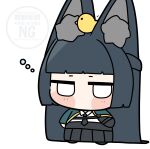  1girl animal_ear_fluff animal_ears animal_on_head aqua_jacket bird black_hair black_necktie black_skirt chibi commentary_request fox_ears fox_girl full_body highres hoshimi_miyabi jacket long_hair necktie on_head shinonome_nashi shirt skirt solo white_background white_shirt zenless_zone_zero 