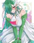  1girl bare_shoulders blush breasts cleavage commentary_request dress earrings elbow_gloves gardevoir gloves green_gloves green_hair hair_over_one_eye highres humanization jewelry large_breasts long_hair looking_at_viewer maximum_pamyu multicolored_hair necklace one_eye_covered pantyhose pokemon pokemon_(creature) red_eyes solo streaked_hair thighs very_long_hair white_dress white_hair white_pantyhose wristband 