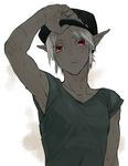  arm_up bad_id bad_pixiv_id baseball_cap collarbone contemporary dark_link earrings grey_skin hat jewelry looking_at_viewer male_focus pointy_ears red_eyes shirt short_sleeves silver_hair simple_background solo sweat t-shirt the_legend_of_zelda tobacco_(tabakokobata) upper_body white_background 