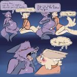 1:1 absurd_res ambiguous_gender ambiguous_prey anthro blush canid canine canis comic dialogue dipstick_tail domestic_dog duo ears_back english_text flustered fur hi_res male male/ambiguous male/male mammal markings mollietown mouth_shot nervous open_mouth pivoted_ears purple_body purple_fur regurgitation speech_bubble tail tail_markings tail_motion tailwag tan_body tan_fur text vore wolf