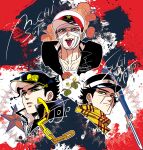  3boys black_hat camellia character_name collarbone commentary_request flower golden_kamuy green_eyes hat highres jojo_no_kimyou_na_bouken kujo_jotaro male_focus multiple_boys parted_lips peaked_cap scarf shoujo_tsubaki stardust_crusaders sugimoto_saichi tokkuriji_muchisute tongue tongue_out trait_connection tsuruko_turuta white_hat yellow_scarf 