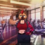1:1 absurd_res anthro belt bottomwear clothing denim denim_bottomwear denim_clothing english_text female flexing flexing_bicep grin hi_res hyena jacket jeans mammal muscular pants remember_the_flowers robotic_arm rose_(remember_the_flowers) sleeveless_jacket smile solo standing text topwear