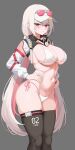  1girl absurdres belt bikini black_shrug black_survival black_thighhighs blue_star_(pixiv23073844) blush breasts cleavage closed_mouth collarbone commentary_request eternal_return:_black_survival eyewear_on_head gradient_hair grey_background groin hair_between_eyes hands_on_own_hips hat highleg highleg_bikini highres korean_commentary large_breasts long_hair long_sleeves looking_at_viewer marlene_(black_survival) multicolored_hair multicolored_shrug navel number_print official_alternate_costume pink-tinted_eyewear pink_eyes pink_hair power_symbol revision shrug_(clothing) side-tie_bikini_bottom sideboob sidelocks solo standing stomach string_bikini swimsuit thigh_belt thigh_strap thighhighs thighs tinted_eyewear triangle_bikini_top two-tone_shrug underboob very_long_hair visor_cap white_bikini white_hat 