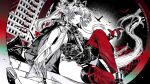  1girl animal_ears arcane_(arknights) arknights arknights:_endfield arm_support belt belt_pouch bird bird_ears bird_girl breasts coat crow curtained_hair facial_mark feet_out_of_frame floating_hair forehead_mark from_below game_asset gloves greyscale hand_up head_wings headgear high-waist_belt highres hood hood_down hooded_coat knee_up kyo_zip leotard long_hair looking_ahead medium_breasts monochrome official_art outdoors parted_bangs parted_lips pelvic_curtain ponytail pouch red_thighhighs sitting solo spot_color thighhighs third-party_source two-sided_gloves underbust wings 