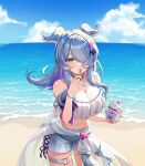  1girl aqua_eyes bare_shoulders beach blue_hair blue_nails blue_sky breasts cleavage cloud cloudy_sky colored_inner_hair commentary cowboy_shot elira_pendora english_commentary hair_over_one_eye head_wings highres ice_cream_spoon jewelry large_breasts long_hair looking_at_viewer mole mole_on_armpit multicolored_hair navel necklace nijisanji nijisanji_en o-ring o-ring_thigh_strap ocean pearl_necklace senmi_(vvv_1864) sky solo spoon swimsuit thigh_strap virtual_youtuber weewa_(elira_pendora) wings 
