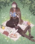  1boy 1girl arizuka_(catacombe) ascot black_boots black_gloves black_hat black_skirt black_vest bloodborne book boots brown_pants commentary_request forest gem gloves grass grey_hair hat highres holding hunter_(bloodborne) long_sleeves messengers_(bloodborne) nature open_book pants parted_bangs plain_doll reading red_ascot red_hat shirt short_hair skirt smile striped_clothes striped_shirt tricorne vest white_shirt 