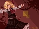  absurdres ascot black_dress black_skirt blonde_hair character_name dress dress_shirt frilled_skirt frills glance hair_ribbon highres open_mouth outstretched_arms red_background red_eyes ribbon rumia shirt short_hair skirt solo suehachi_(hikage) touhou 