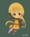  1girl belt black_eyes black_shirt blonde_hair blush boots brown_belt chibi chibi_only closed_mouth commentary_request full_body green_background grey_pants hand_on_headwear hat long_hair long_sleeves pants poke_ball poke_ball_(basic) pokemon pokemon_adventures ponytail purple_boots shirt simple_background slit_pupils smile solo straw_hat tokuura tunic twitter_username very_long_hair wide_brim yellow_(pokemon) yellow_tunic 