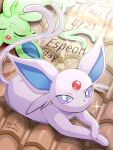  alternate_color bright_pupils character_name closed_mouth commentary_request dated espeon forehead_jewel looking_at_viewer lying no_humans on_back pokemon pokemon_(creature) roof_shingles runachikku shiny_and_normal shiny_pokemon smile twitter_username white_pupils 