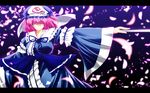  arm_strap blue_eyes breasts closed_eyes closed_fan fan folding_fan hat highres large_breasts letterboxed long_sleeves nekominase outstretched_arm petals pink_hair saigyouji_yuyuko sash solo touhou triangular_headpiece veil wallpaper wide_sleeves 
