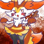 1:1 2024 ambiguous_anthro ambiguous_gender annyui0611 anthro arms_out biped blush blush_stickers bodypaint braixen canid clothing cosplay digital_drawing_(artwork) digital_media_(artwork) digitigrade dipstick_tail front_view furret generation_2_pokemon generation_6_pokemon gloves handwear hi_res japanese_description mammal markings nintendo object_in_tail open_:3 pokemon pokemon_(species) portrait simple_background snout solo standing stick stick_in_tail tail tail_markings three-quarter_portrait translated_description