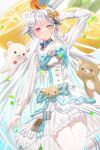  1girl animal_ears aqua_bow aqua_bowtie aqua_eyes aqua_ribbon arknights bear_ears bear_girl blush bow bowtie breasts commentary dress feet_out_of_frame food fruit hair_ornament hair_ribbon hairclip hand_on_headwear hat heterochromia highres korilakkuma lemon lemon_slice long_hair long_sleeves looking_at_viewer magnum_0000 multicolored_hair neck_ribbon official_alternate_costume open_mouth parted_lips petals pink_eyes ribbon rilakkuma rilakkuma_(series) rosa_(arknights) rosa_(forever_together)_(arknights) san-x small_breasts smile solo standing streaked_hair toy white_dress white_hair white_hat 