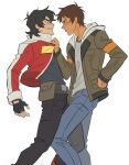  2boys arm_up belt belt_pouch black_gloves black_hair black_pants blue_pants blush brown_belt brown_hair brown_jacket clenched_teeth clothes_grab clothing_cutout commentary contrapposto denim english_commentary feet_out_of_frame from_side germygogurt glove_cutout gloves hair_behind_ear hand_on_own_chest highres hood hooded_jacket jacket jeans keith_(voltron) lance_(voltron) long_sleeves male_focus multicolored_jacket multiple_boys nervous_sweating open_clothes open_jacket pants pouch profile red_jacket short_hair simple_background sweat teeth voltron:_legendary_defender voltron_(series) white_background white_hood white_jacket yaoi 