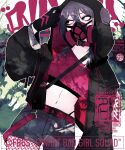  1girl absurdres artist_name belt black_gloves black_jacket chouko_(waru) commentary_request english_text font_bad_girl_squad gas_mask gloves grey_shorts hair_between_eyes highres hood hood_up hooded_jacket instagram_username jacket long_sleeves mask medium_hair midriff navel open_clothes open_jacket outline overone_(fbgs) purple_hair red_belt red_eyes red_shirt shirt shorts solo twitter_username white_outline 