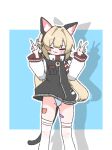  1girl animal_ear_fluff animal_ear_hairband animal_ears animated animated_gif armband artist_request bandaid bandaid_on_leg bandaid_on_thigh blonde_hair blue_background blush_stickers border cat_ear_hairband cat_ears cat_tail closed_mouth commentary_request commission double_v elf fake_animal_ears fake_tail green_eyes hairband jacket korean_commentary leotard long_hair long_sleeves multicolored_jacket oc_(atj7359) open_mouth original paw_print pointy_ears red_armband second-party_source shadow simple_background solo swaying tail thighhighs twintails two-tone_jacket v very_long_hair white_border white_leotard white_thighhighs 