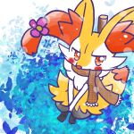 1:1 2024 accessory ambiguous_anthro ambiguous_gender annyui0611 anthro biped blush blush_stickers braixen canid digital_drawing_(artwork) digital_media_(artwork) digitigrade dipstick_tail flower flower_in_hair front_view full-length_portrait generation_6_pokemon hair hair_accessory hands_together hi_res high-angle_view japanese_description looking_at_viewer looking_up looking_up_at_viewer mammal markings nintendo object_in_tail plant pokemon pokemon_(species) portrait simple_background snout solo standing stick stick_in_tail tail tail_markings translated_description
