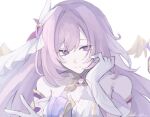  1girl bell_oxsh breasts commentary_request corset diamond-shaped_pupils diamond_(shape) elysia_(herrscher_of_human:_ego)_(honkai_impact) elysia_(honkai_impact) gloves hair_ornament highres honkai_(series) honkai_impact_3rd large_breasts long_hair looking_at_viewer multicolored_hair pink_hair purple_eyes simple_background smile solo symbol-shaped_pupils triquetra twitter_username two-tone_hair upper_body very_long_hair white_background white_corset white_gloves white_hair 