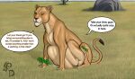 2025 belly big_belly brown_nose brown_tail_tip dialogue dipstick_tail dragonczech duo english_text felid female feral feral_pred fully_inside grass hi_res human human_prey lion mammal markings on_grass on_ground oral_vore pantherine plant rock rumbling_stomach same_size_vore savanna speech_bubble tail tail_markings talking_feral tan_body tan_legs tan_tail text tree unseen_prey vore watermark whiskers yellow_eyes