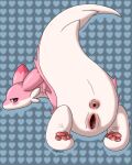 4:5 anus blush blush_lines bodily_fluids chillet chillet_ignis dragon ear_markings female feral gaping genital_fluids genitals heart_eyes heart_symbol lying markings mosnir mythological_creature mythological_scalie mythology pal_(species) palworld pawpads paws pink_body pocketpair presenting raised_tail scalie shy simple_background solo tail vaginal_fluids vulva