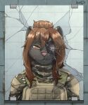 1_eye anthro bathroom black_body black_fur blokfort brown_eyes brown_hair eye_patch eyewear facial_scar female fur hair hi_res looking_at_viewer mammal mephitid military mirror scar skunk solo