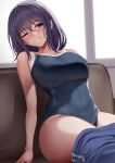  1girl black_hair black_one-piece_swimsuit blue_pants blue_track_suit breasts clothes_pull commentary_request competition_school_swimsuit couch crossed_bangs feet_out_of_frame huyumitsu large_breasts medium_hair one-piece_swimsuit one_eye_closed original pants pants_pull parted_lips school_swimsuit smile solo swimsuit track_pants track_suit 