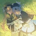  2girls absurdres artist_request black_capelet black_flower black_hat black_rose blonde_hair blue_hair blue_skirt bonnet braid braided_hair_rings capelet chinese_commentary closed_eyes closed_mouth commentary_request commission deerstalker dress feet_out_of_frame flower frilled_dress frilled_skirt frilled_sleeves frills grass green_bonnet hair_rings hat highres lolita_fashion long_hair long_sleeves lying mahou_shoujo_no_majo_saiban multiple_girls on_back on_ground on_side outdoors profile rose second-party_source short_hair skirt sleeping smile tachibana_sherry tono_hanna twintails very_long_hair white_flower white_rose yellow_flower yellow_rose 