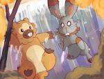4:3 beaver bidoof bidoof_(eotds) bodily_fluids brown_body brown_fur bunnelby crying duo falling feral fur generation_4_pokemon generation_6_pokemon grey_body grey_fur hand_holding kaypawz lagomorph leporid male mammal nintendo pokemon pokemon_(species) rabbit rodent tears underground_explorer_bunnelby waterfall